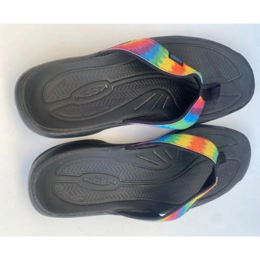 KEEN Mens Kona Flip Flops Sandals Shoes Rainbow Tie Dye Black Beach Pool Size 11